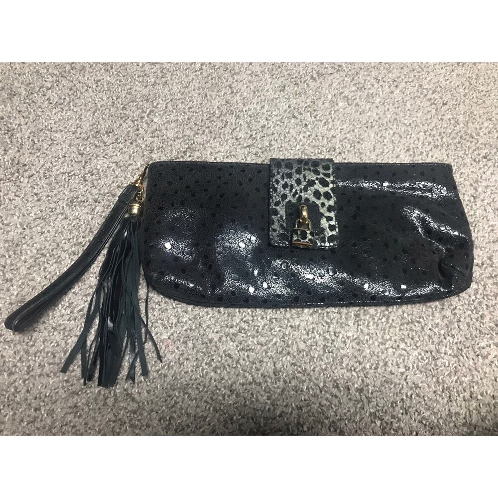 Miss Mak Purse Clutch Wristlet Leopard Lock And Key w/Tassel & Gold Accents